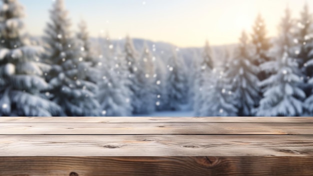 Empty wooden table on winter background space for installation of your object