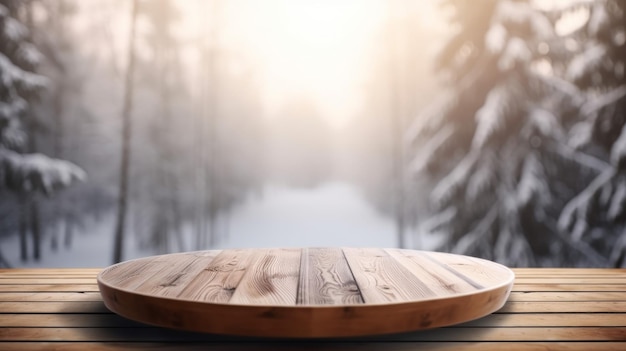 Empty wooden table winter forest Generate Ai