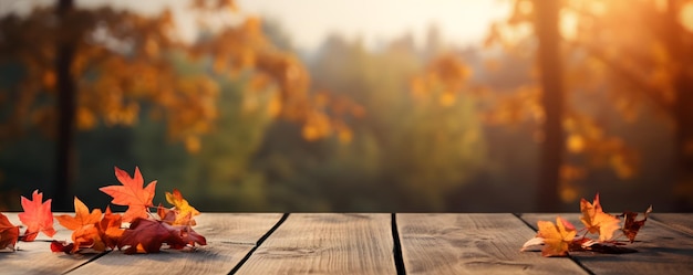 Empty wooden table with autumn background