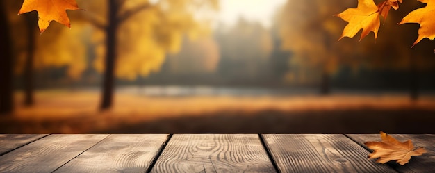 Empty wooden table with autumn background