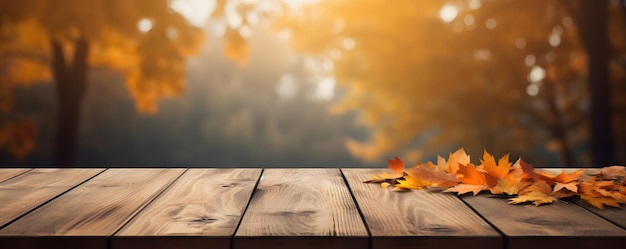 Empty wooden table with autumn background