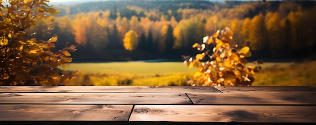 Empty wooden table with autumn background