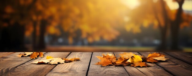 Empty wooden table with autumn background