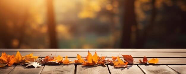 Empty wooden table with autumn background