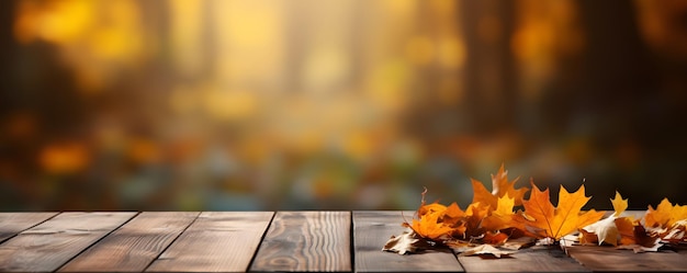 Empty wooden table with autumn background