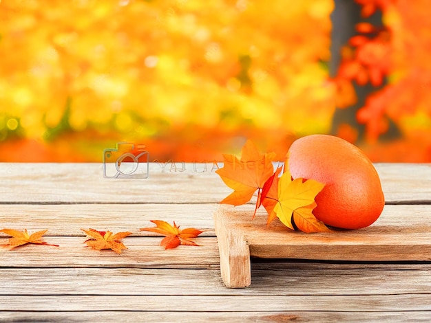 Empty wooden table with autumn background