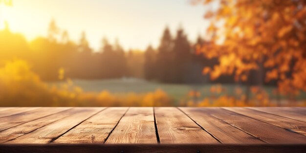 Empty wooden table with autumn landscape banner Selective focus on tabletop