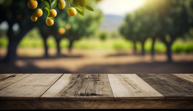 Empty wooden table with a background of blurred fruit trees