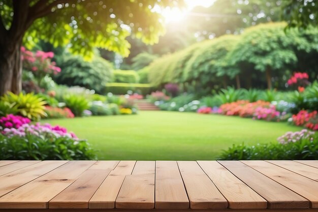 Foto tavolo di legno vuoto con lo sfondo del bellissimo giardino sfocato
