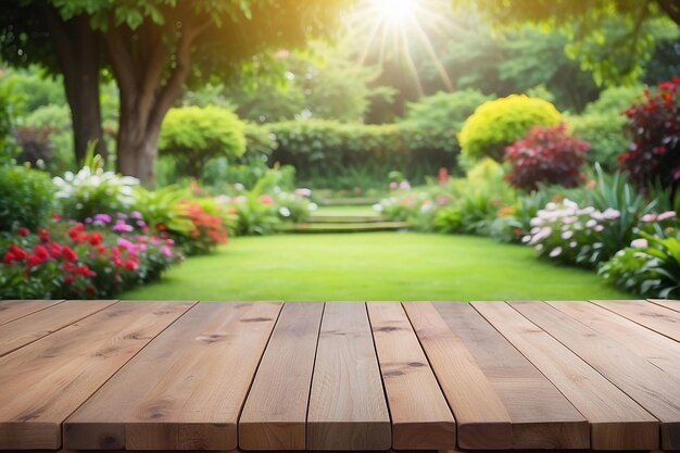 Photo empty wooden table with beautiful garden background blurred