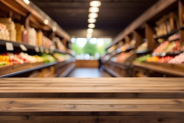 Empty wooden table with beautiful grocery store background design