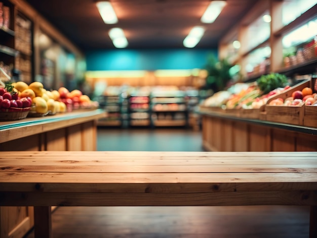 Empty wooden table with beautiful grocery store background design