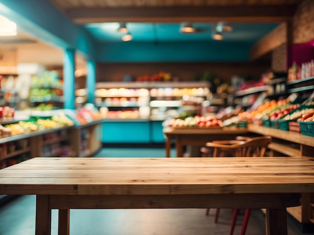 Photo empty wooden table with beautiful grocery store background design