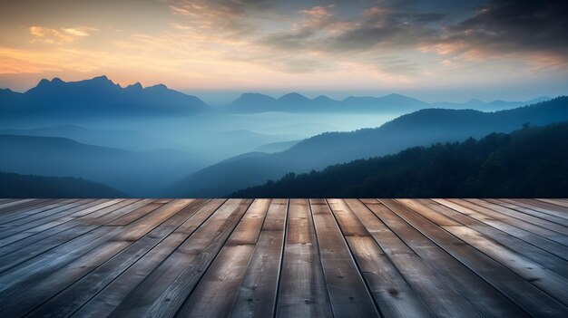 Empty wooden table with beautiful landscape mountain background