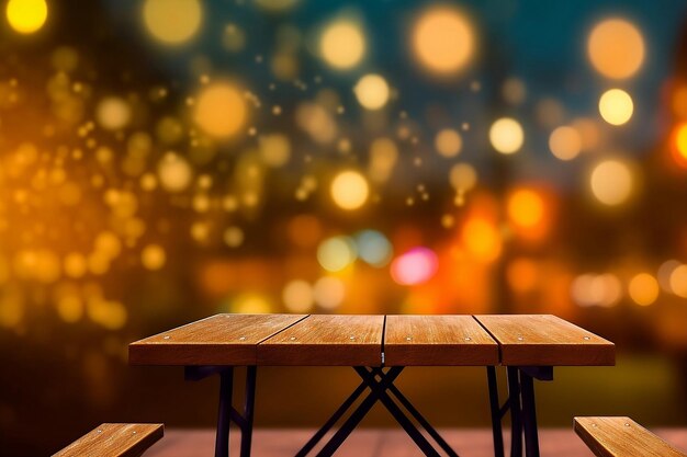 Empty wooden table with benches on bokeh background