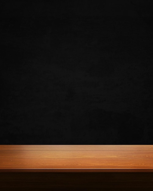 empty wooden table with black textured wall in the background backdrop and product display backgrou