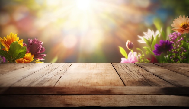 Empty wooden table with blooming garden flowers bokeh background Generative AI