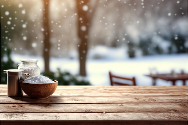 Empty wooden table with blurred background of winter landscape Generative AI