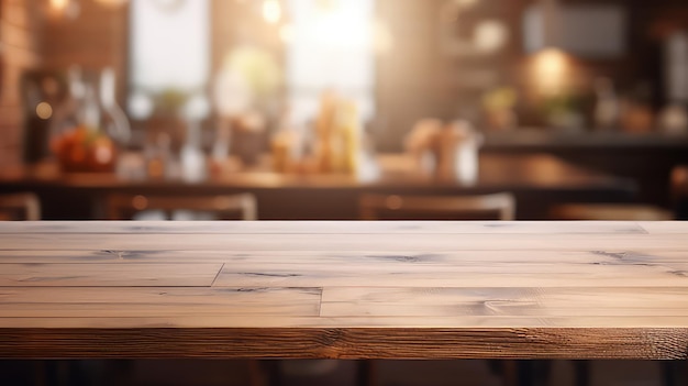 Empty wooden table with blurred background