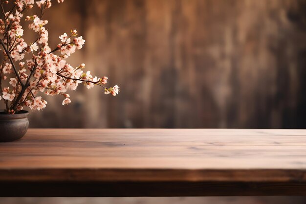 Foto tavolo di legno vuoto con uno sfondo floreale sfocato
