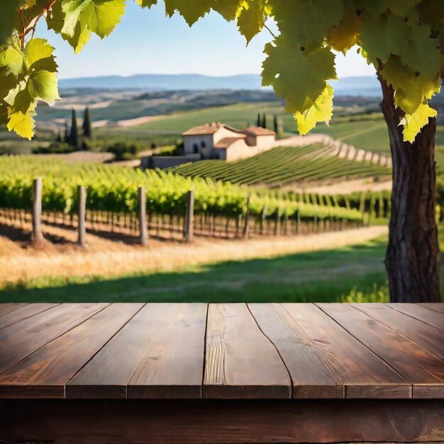 Foto un tavolo di legno vuoto con un vigneto francese sfocato sullo sfondo generato dall'ai