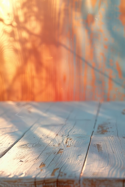 Empty wooden table with blurred orange and blue background
