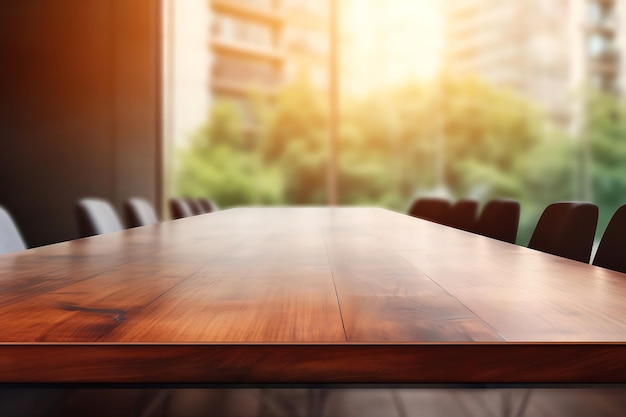 Photo empty wooden table with a blurred outdoor backdrop