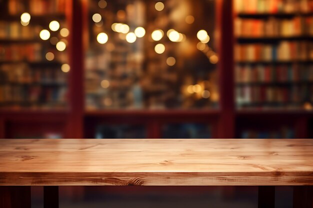 Empty wooden table with a blurred outdoor backdrop