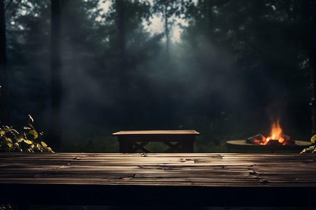 Photo empty wooden table with a blurred outdoor backdrop