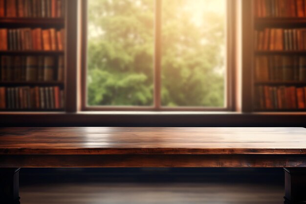 Empty wooden table with a blurred outdoor backdrop