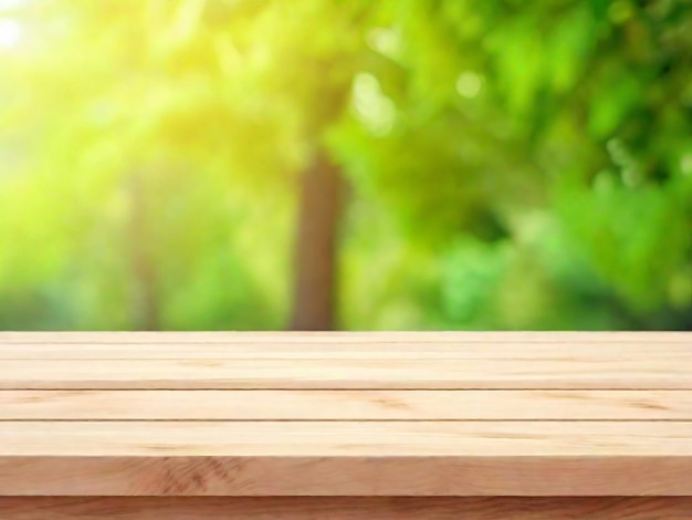empty wooden table with blurred outdoor garden background