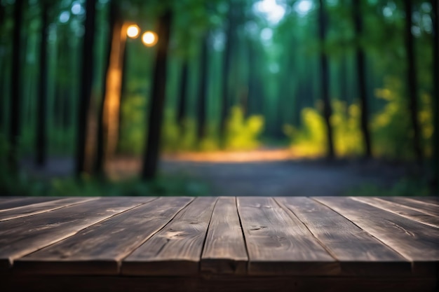 Empty Wooden Table with Blurred Pine Trees Forest and Lamp Bokeh Background at Night