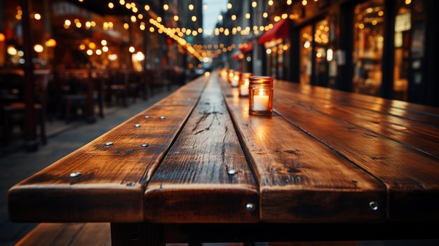 empty wooden table with blurred restaurant background