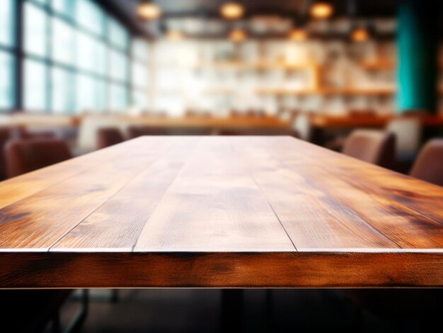빈 나무 테이블과 배경에 흐릿한 레스토랑 인테리어가 따뜻하고 환영하는 분위기를 나타니다.