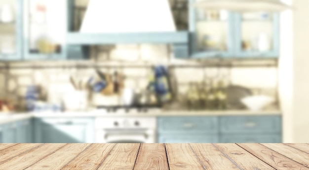 Empty wooden table with blurred vintage kitchen on background