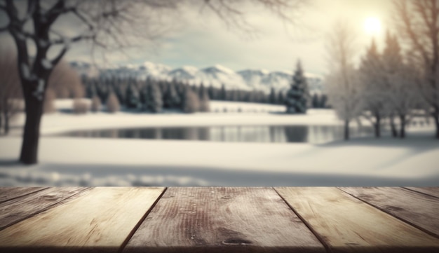 Empty wooden table with blurred winter background