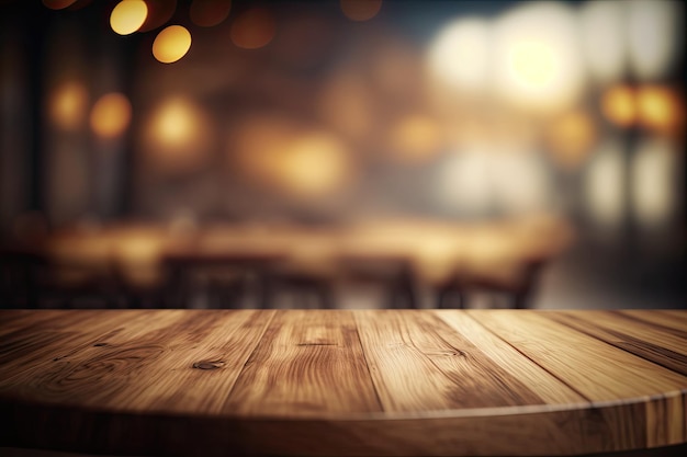 Photo empty wooden table with bokeh background generative ai