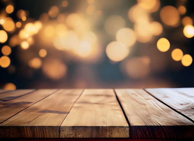 Empty wooden table with bokeh background