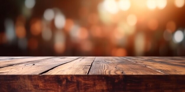 Empty Wooden Table with Bokeh Cafe Background and Golden Lights Generative AI