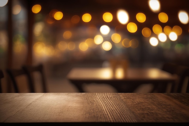 Empty wooden table with bokeh lights in the background generative ai