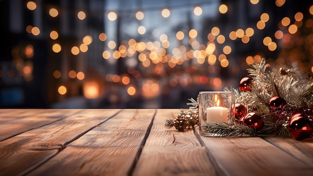 クリスマスの装飾が施された空の木製テーブル メリー クリスマスの背景 背景のボケ味 クリスマス ライトの焦点が合っていない 製品またはテキストのプレゼンテーションまたは表示用のコピー スペース 生成 ai