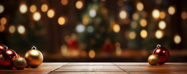 Empty wooden table with christmas theme in background