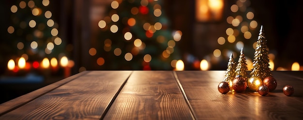 Empty wooden table with christmas theme in background