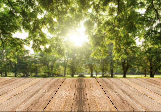 Empty wooden table with city park on background