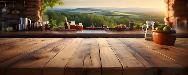 Empty wooden table with countryside kitchen in background