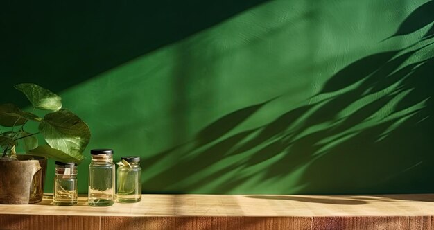 Empty wooden table with dappled sunlight and tropical leafs minimalist interior mockup concept Generative AI