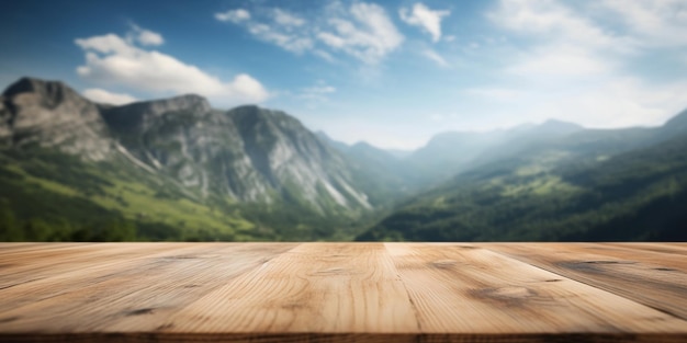 Empty wooden table with an empty product display area against a background of scenic mountains