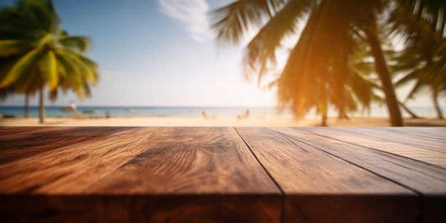 Empty wooden table with empty product display area against a scenic beach background