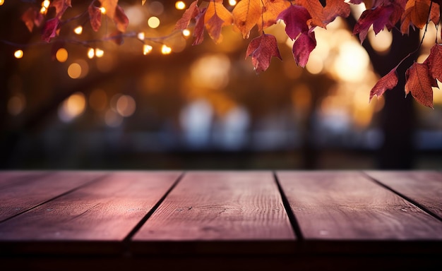 Empty wooden table with fall leaves on fall background with fall leaves