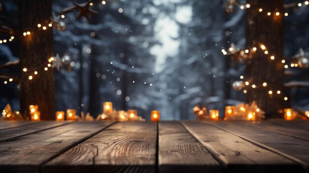 축제 크리스마스가 있는 빈 나무 테이블